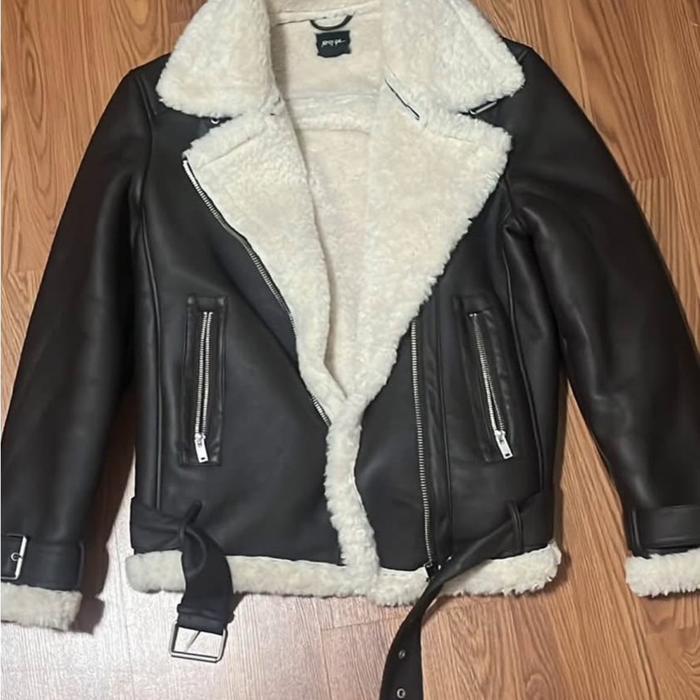 Nasty Gal Black and Cream Leather Jacket from UK